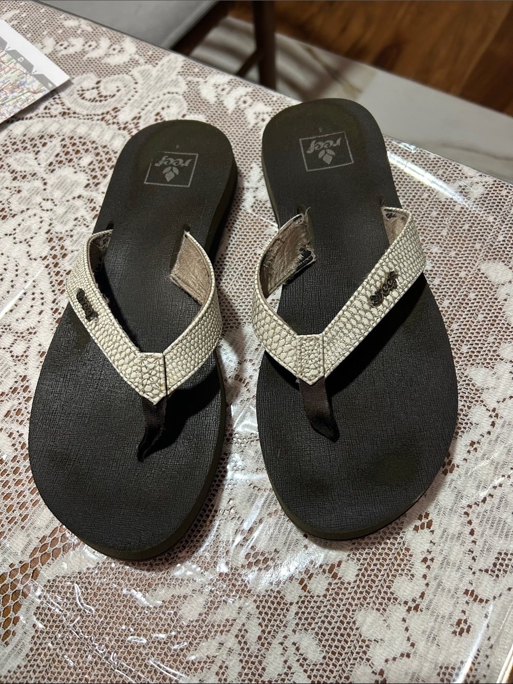 Reef Women's Brown Footbed Sandal with White Textured Straps